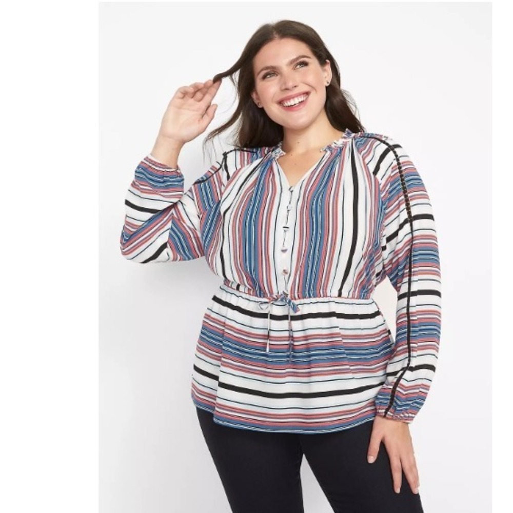 New Lane Bryant Multi Striped Blouse sz 22/24 Multi-Color Peplum Drawstring Top
